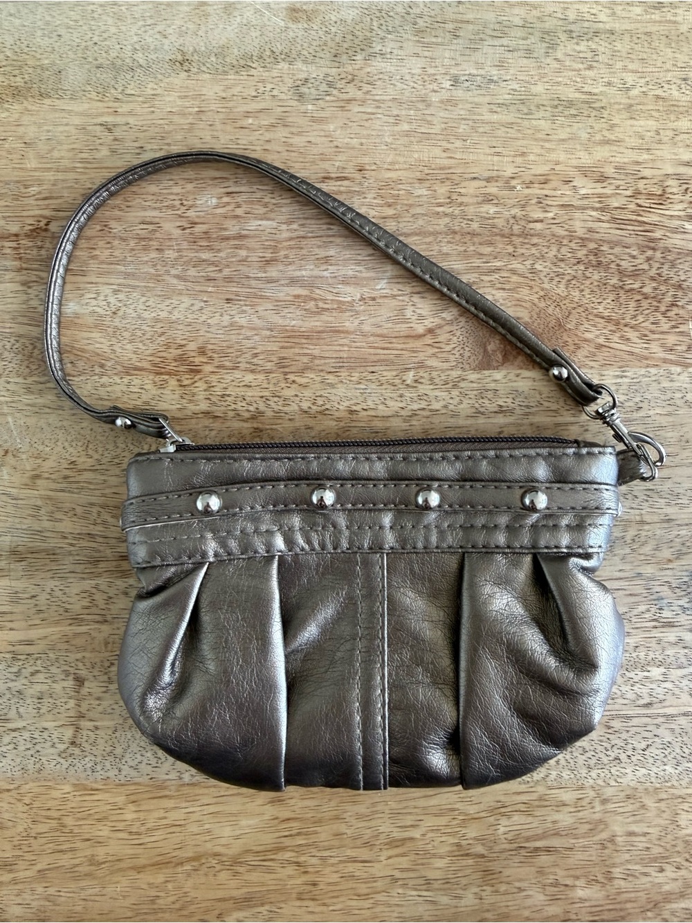 Y2K Metallic Pleated Wristlet Clutch with Silver Stud Accents